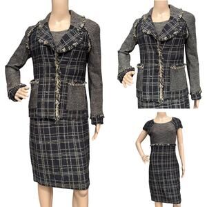 St. John Collection Multi Plaid Tweed Dress Set, Size 4, Fringe Jacket & Dress